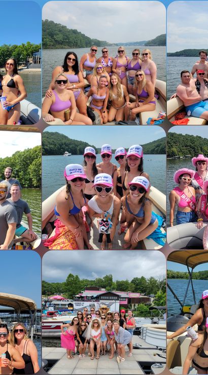 Collage of nine photos of a summer lake boat party — groups of friends on pontoon boats and a dock, bikinis and swimwear, matching pink bachelorette caps and sashes, inflatables, and tree-lined shoreline under blue skies.