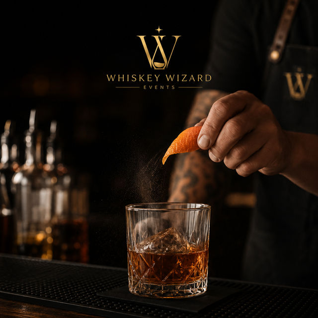 Close-up of a bartender squeezing an orange peel over an Old Fashioned — citrus oil misting onto amber whiskey in a cut-glass tumbler with a large ice cube on a dark bar