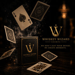 Dramatic whiskey‑themed event scene: floating playing cards and curling smoke around a luxe black-and‑gold card box embossed with a gold emblem, warm amber bokeh and a wooden tabletop.