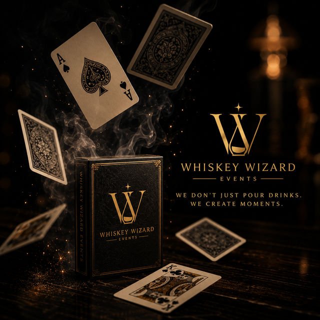 Dramatic whiskey‑themed event scene: floating playing cards and curling smoke around a luxe black-and‑gold card box embossed with a gold emblem, warm amber bokeh and a wooden tabletop.