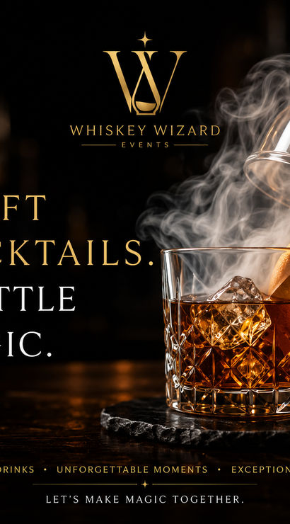 Smoked craft whiskey cocktail in a cut-crystal rocks glass with ice and orange twist under a lifted cloche on a dark bar backdrop — stylish event drink promotion for elevated cocktail experiences.