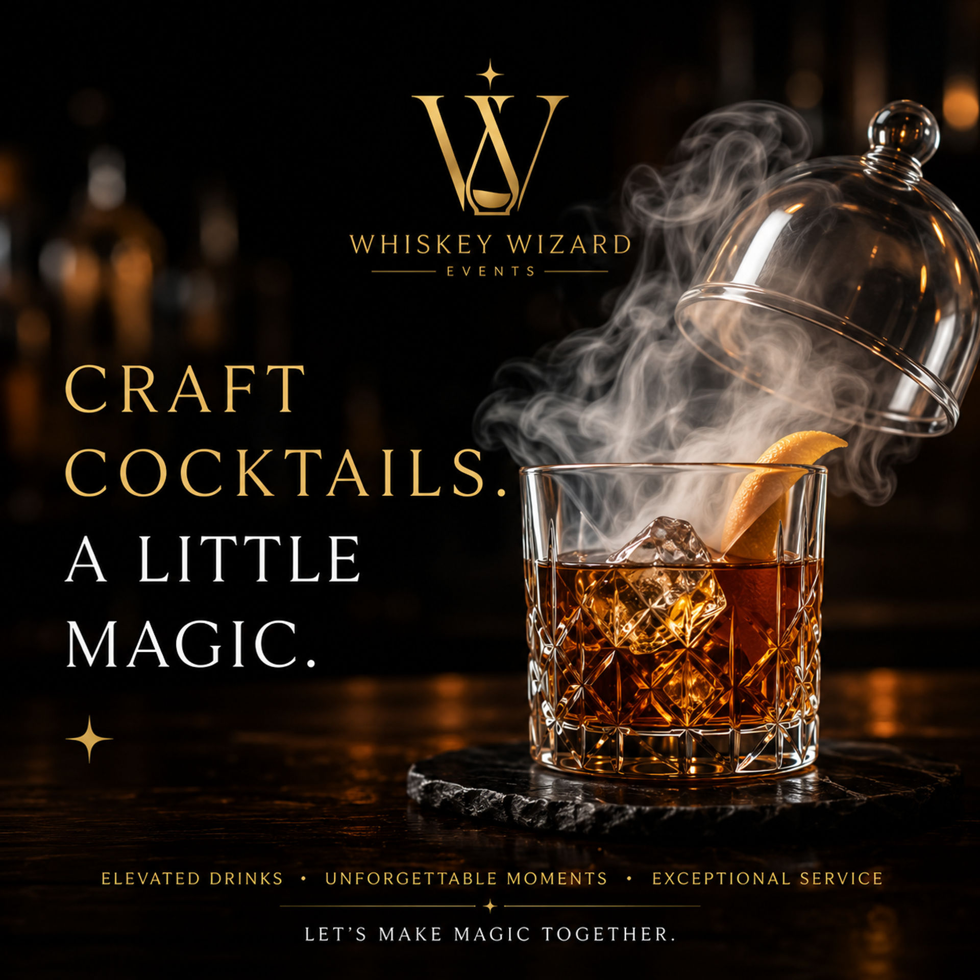 Smoked craft whiskey cocktail in a cut-crystal rocks glass with ice and orange twist under a lifted cloche on a dark bar backdrop — stylish event drink promotion for elevated cocktail experiences.