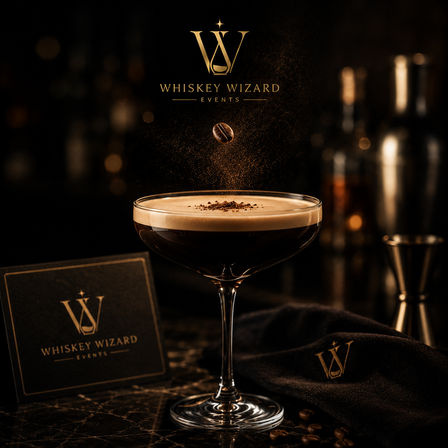Velvety espresso martini in a coupe glass with a coffee bean suspended above cocoa dusting, gold-accented menu and cocktail tools on a dark marble bar surface — upscale cocktail lounge vibe.