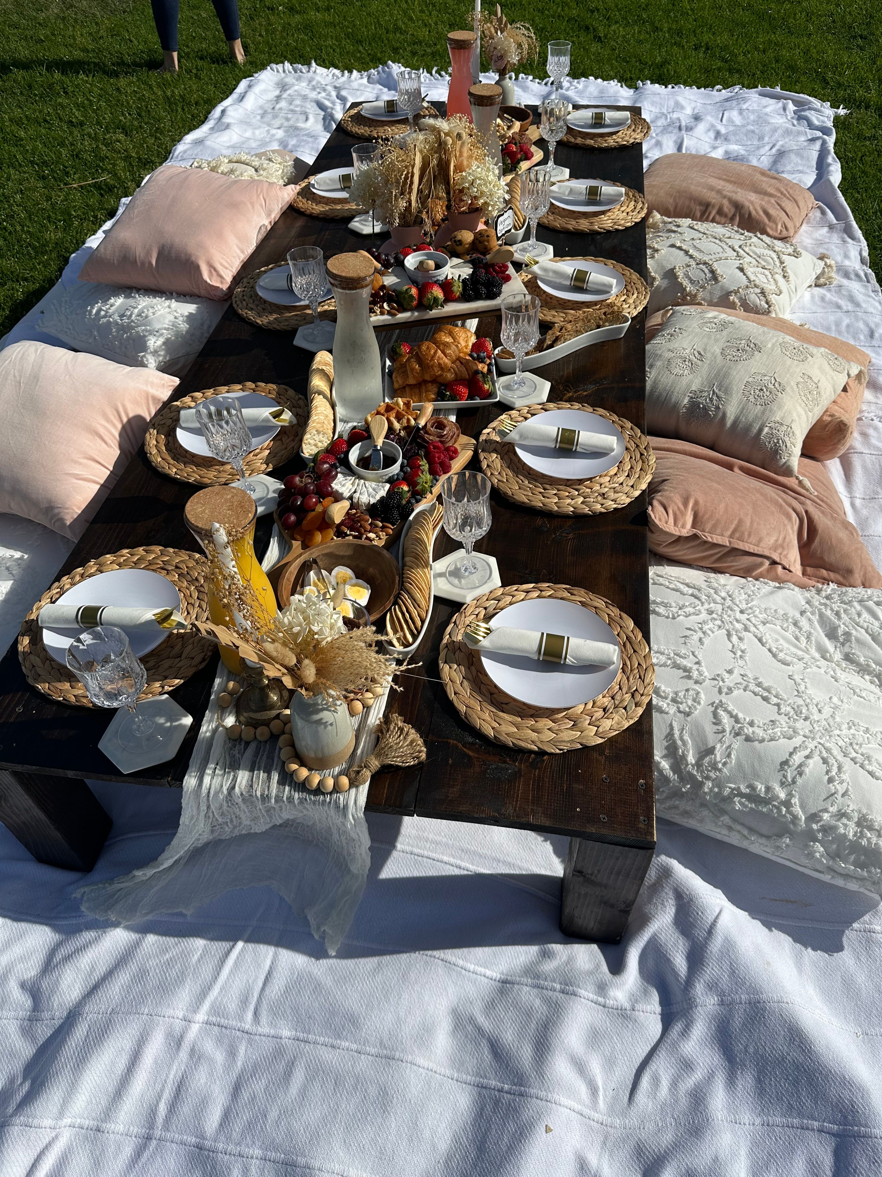 Boho-chic sunlit lawn picnic with a low dark wood table on a white blanket, surrounded by pink and cream cushions, woven placemats, crystal glasses, croissants, charcuterie and fruit boards, juice carafes and dried floral centerpieces.