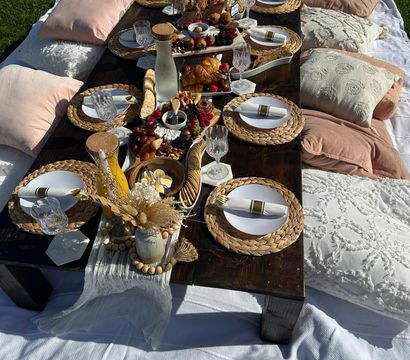 Boho-chic sunlit lawn picnic with a low dark wood table on a white blanket, surrounded by pink and cream cushions, woven placemats, crystal glasses, croissants, charcuterie and fruit boards, juice carafes and dried floral centerpieces.