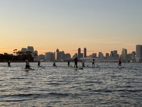 Silhouetted stand-up paddleboarders on San Diego Bay at sunset with palm trees and the downtown skyline in the background