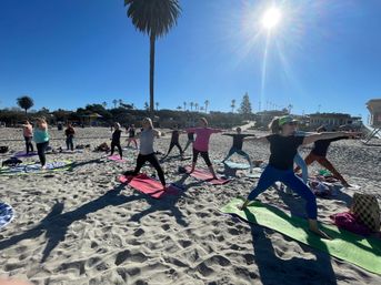 Group doing beach yoga in warrior poses on colorful mats under a bright sun and tall palm trees on a sunny coastal beach