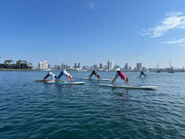 Group practicing paddleboard yoga on San Diego Bay — downward dog on SUPs with calm blue water, downtown skyline and palm trees under a clear blue sky