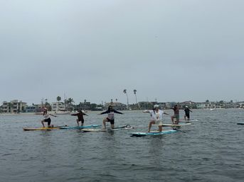 Group practicing paddleboard yoga on a calm coastal bay, kneeling on SUP boards with arms outstretched in front of beachfront homes and palm trees under an overcast sky.