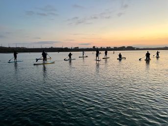 Group of stand-up paddleboarders silhouetted against a pastel sunset, paddling across calm, rippled water near a tree-lined shoreline.