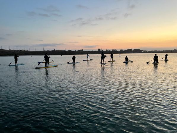 Group of stand-up paddleboarders silhouetted against a pastel sunset, paddling across calm, rippled water near a tree-lined shoreline.