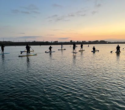 Group of stand-up paddleboarders silhouetted against a pastel sunset, paddling across calm, rippled water near a tree-lined shoreline.
