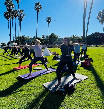 Group outdoor yoga class practicing Warrior II on mats in a sunny palm-tree park with blue sky and green lawn
