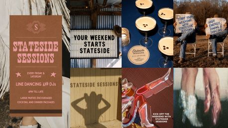Vintage western-inspired collage promoting weekend events: line-dancing poster, outdoor signboards, cocktail glasses, neon cowboy boots and glittery dance shoes — lively country music and dance vibe.