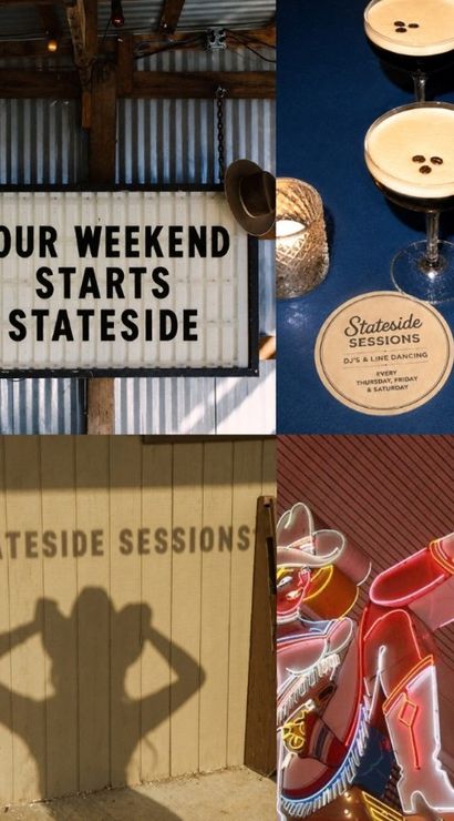 Vintage western-inspired collage promoting weekend events: line-dancing poster, outdoor signboards, cocktail glasses, neon cowboy boots and glittery dance shoes — lively country music and dance vibe.