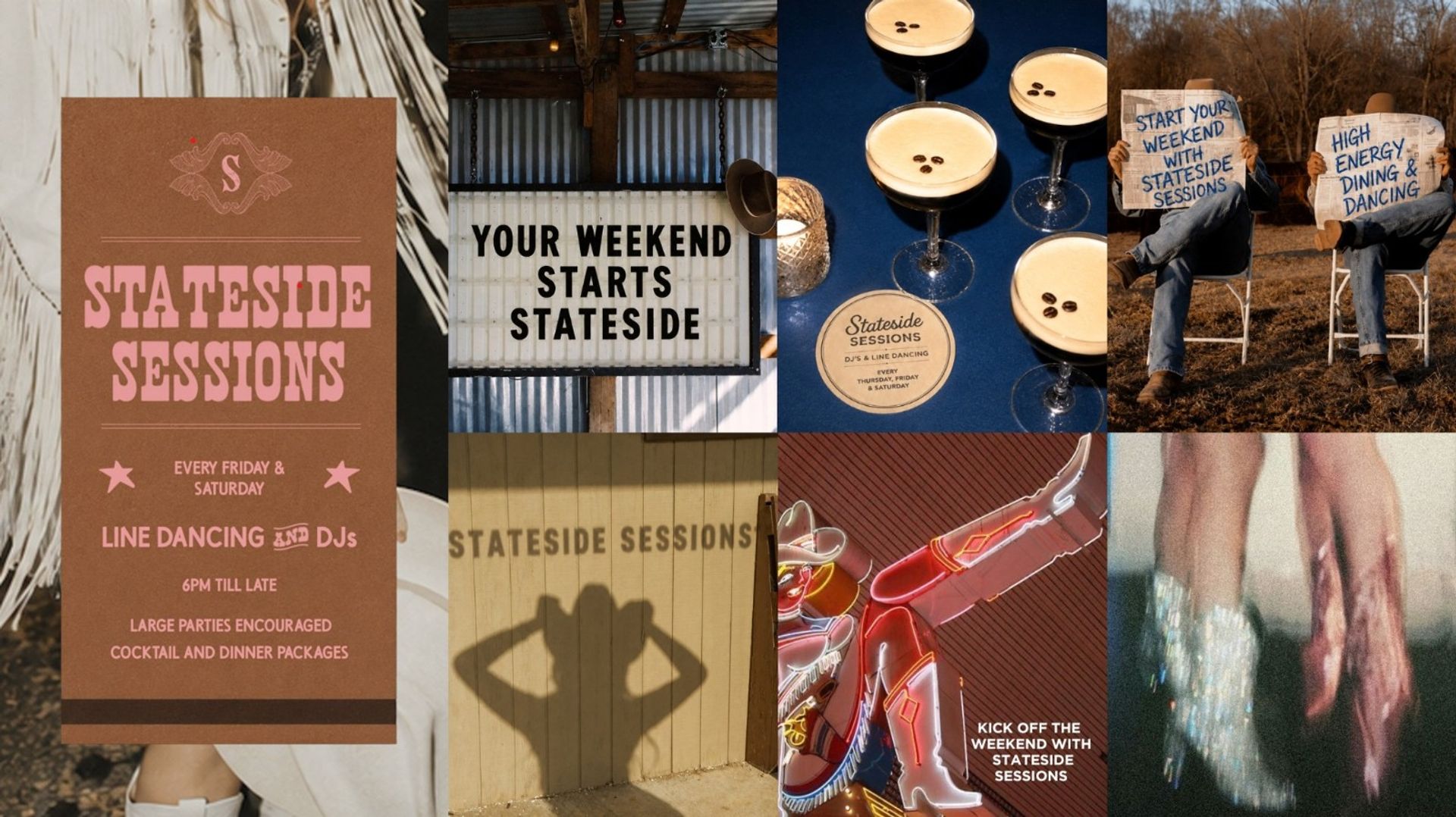 Vintage western-inspired collage promoting weekend events: line-dancing poster, outdoor signboards, cocktail glasses, neon cowboy boots and glittery dance shoes — lively country music and dance vibe.