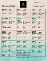 Colorful IV drip menu poster from a wellness clinic showing boxed packages and prices—Rehydrate, Myers, Beauty, Immune Boost, Migraine & Headache, Fertility, Post‑Op Recovery and more—listing ingredients like magnesium, B‑complex, vitamin C, glutathione, zinc and NAD+ with mint accent design and central logo.
