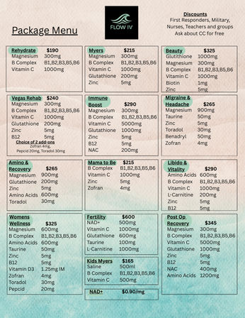 Colorful IV drip menu poster from a wellness clinic showing boxed packages and prices—Rehydrate, Myers, Beauty, Immune Boost, Migraine & Headache, Fertility, Post‑Op Recovery and more—listing ingredients like magnesium, B‑complex, vitamin C, glutathione, zinc and NAD+ with mint accent design and central logo.