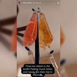Close-up of two colorful IV infusion bags (orange and yellow) hanging on an IV pole — wellness hydration drips with overlay text about feeling better and a trip to Miami.