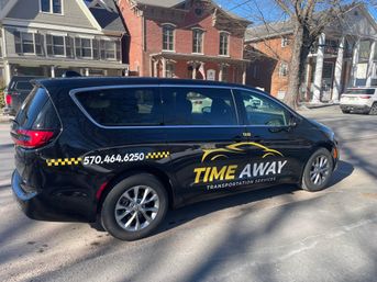 Side view of a black taxi minivan with yellow checkered stripe and stylized car graphic parked on a sunny residential street lined with historic brick and wood-frame houses