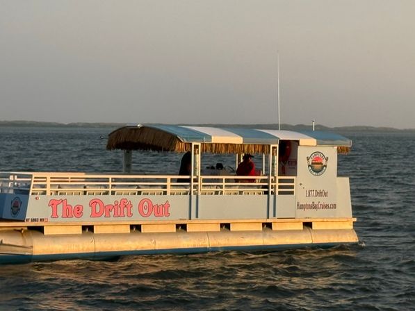 Pontoon party boat with blue-striped canopy and thatched fringe cruising calm coastal waters at golden hour, passengers silhouetted on the open deck.