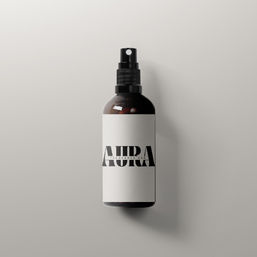 Sleek amber glass spray bottle with a minimalist white label and bold black text, centered on a light gray background with a soft shadow — product mockup for a room or fragrance spray.