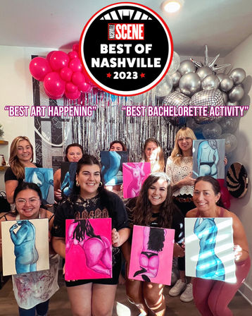 Group of people at a Nashville paint-and-sip bachelorette party holding colorful figurative body paintings in front of silver disco balloons and a “Best of Nashville 2023” badge