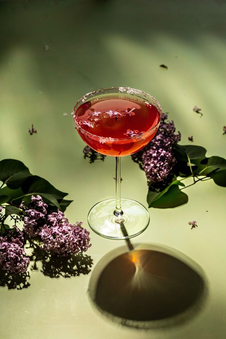 Sunlit red cocktail in a sugar-rimmed coupe glass garnished with lilac blossoms on a pale green tabletop with scattered lilac sprigs and a dramatic round shadow