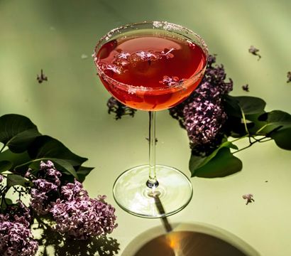 Sunlit red cocktail in a sugar-rimmed coupe glass garnished with lilac blossoms on a pale green tabletop with scattered lilac sprigs and a dramatic round shadow