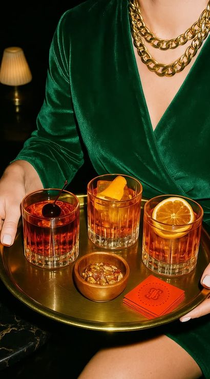 Person in a green velvet dress and chunky gold necklace holds a brass tray with three amber cocktails in old‑fashioned glasses (cherry, orange peel, orange wheel), a small bowl of nuts and red napkins in a dim lounge setting.