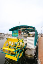 Teal-and-yellow paddlewheel tour boat docked at a San Diego marina with sailboats and a wooden dock