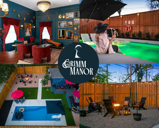 Collage of a boutique vacation rental: Victorian-style parlor with teal walls, red velvet seating and chandelier; guest relaxing by an illuminated backyard pool with a drink; aerial view of a fenced courtyard with rectangular pool, umbrellas and lounge areas; evening firepit patio with string lights.