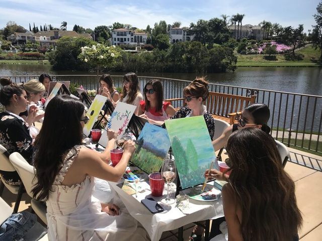 Lakeside paint-and-sip: group of women on a sunny waterfront patio painting canvases at a table with brushes, wine glasses and homes across the lake.
