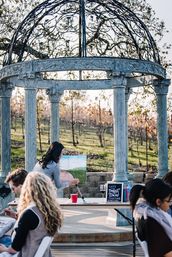 Group outdoor painting session with easels, wine and art supplies under an ornate stone gazebo overlooking sunlit vineyard rows
