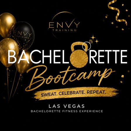 Black-and-gold Las Vegas bachelorette bootcamp graphic with balloons, confetti and a kettlebell icon — celebratory bachelorette fitness experience.