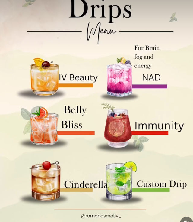 Stylized IV drip menu for a wellness clinic showing six cocktail-style treatments: IV Beauty, NAD (for brain fog and energy), Belly Bliss, Immunity, Cinderella, and Custom Drip.