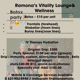Promotional wellness lounge flyer advertising a Botox party ($10/unit) for forehead, glabellar (frown) and bunny (nose) lines, IV therapy drips (original $200, party $150), vitamin shots $40, specialty NAD shot $100, mobile and concierge services, with a faded group photo background.