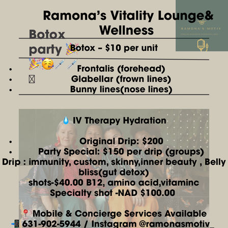 Promotional wellness lounge flyer advertising a Botox party ($10/unit) for forehead, glabellar (frown) and bunny (nose) lines, IV therapy drips (original $200, party $150), vitamin shots $40, specialty NAD shot $100, mobile and concierge services, with a faded group photo background.