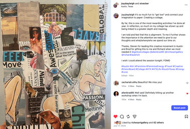 Playful mixed-media magazine collage art with cut-out faces, eyes and travel photos, bold text snippets like 'FEEL' and 'PASSION', and a reclining blonde illustration in a vision-board style.