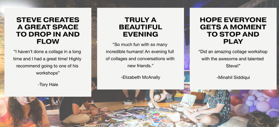 Three white testimonial panels praising a collage workshop overlaid on a photo of participants seated on the floor amid scissors, paper, magazines and art supplies in a casual studio with balloons — vibrant community collage workshop scene.