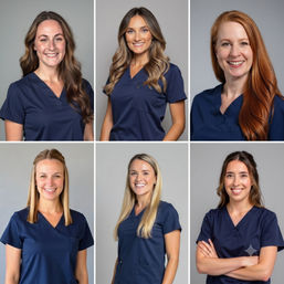 Collage of six smiling female healthcare professionals in navy scrubs — friendly studio headshot portraits on a neutral gray background, team medical staff portrait.