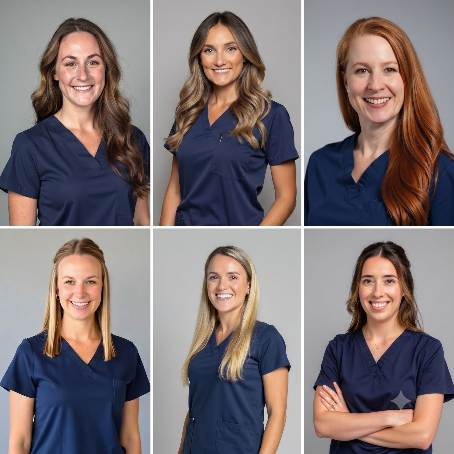 Collage of six smiling female healthcare professionals in navy scrubs — friendly studio headshot portraits on a neutral gray background, team medical staff portrait.