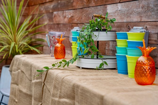 Outdoor backyard patio drink station on a burlap-covered table by a wooden fence, featuring a two-tier tray with a trailing potted plant, stacks of blue and green cups, and bright orange pineapple-shaped tumblers.