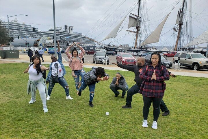 Eight people striking playful yoga and martial-arts poses on a waterfront lawn with a docked cruise ship and a tall sailing ship in the harbor under a cloudy sky.