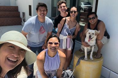 Smiling group of six friends taking a sunny outdoor selfie on a sidewalk by a storefront, one person holding a happy dog on a yellow bollard.