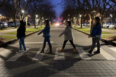 Four people in jackets walking single-file across a lit crosswalk at dusk on a tree-lined urban street, long shadows on the paved road and red traffic lights glowing in the distance