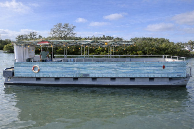Weathered light-blue pontoon boat with canopy draped in nets and string lights, life ring on the side, floating on calm green water near a mangrove-lined shoreline under a sunny blue sky.