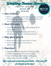 Cheerful floral wedding promo flyer with illustrated bride and groom holding hands; headline 'Wedding Season Special' advertises free mobile IV for bride or groom with booking tiers, perks, and conditions.