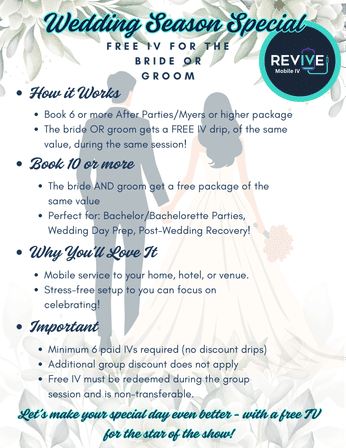 Wedding Season Special flyer with floral border and silhouetted bride and groom, promoting a mobile IV service: free IV for the bride or groom with six or more group bookings (both free with ten+), notes mobile service to home/hotel/venue, stress‑free setup, minimum six paid IVs required and free IV must be redeemed during the group session (non‑transferable).