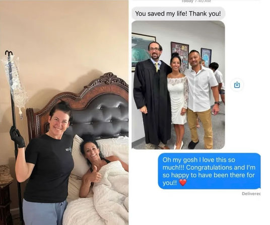Split image: left — cheerful caregiver holding an IV drip beside a smiling woman in bed giving a thumbs-up during at-home recovery; right — text-message screenshot showing a couple in wedding attire posing with an officiant in a robe and congratulatory messages.